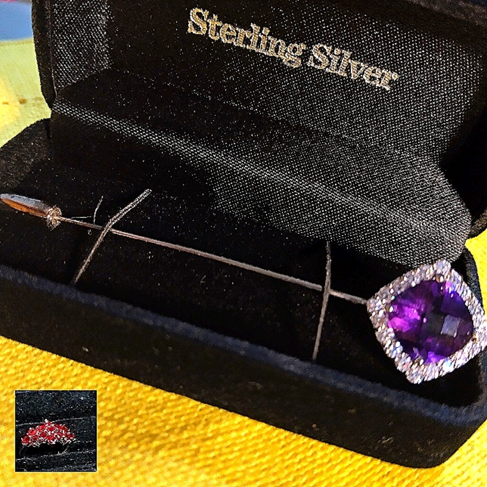 AFRICAN AMETHYST/ZIRCON PIN, STERLING SILVER.               2-3/4" INCHES LONG